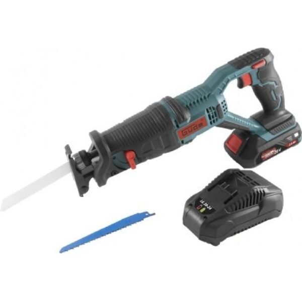 Cordless saw with variable speed control, soft start and quick stop, quick change of saw blade without tools, stop, signaling of charge status.