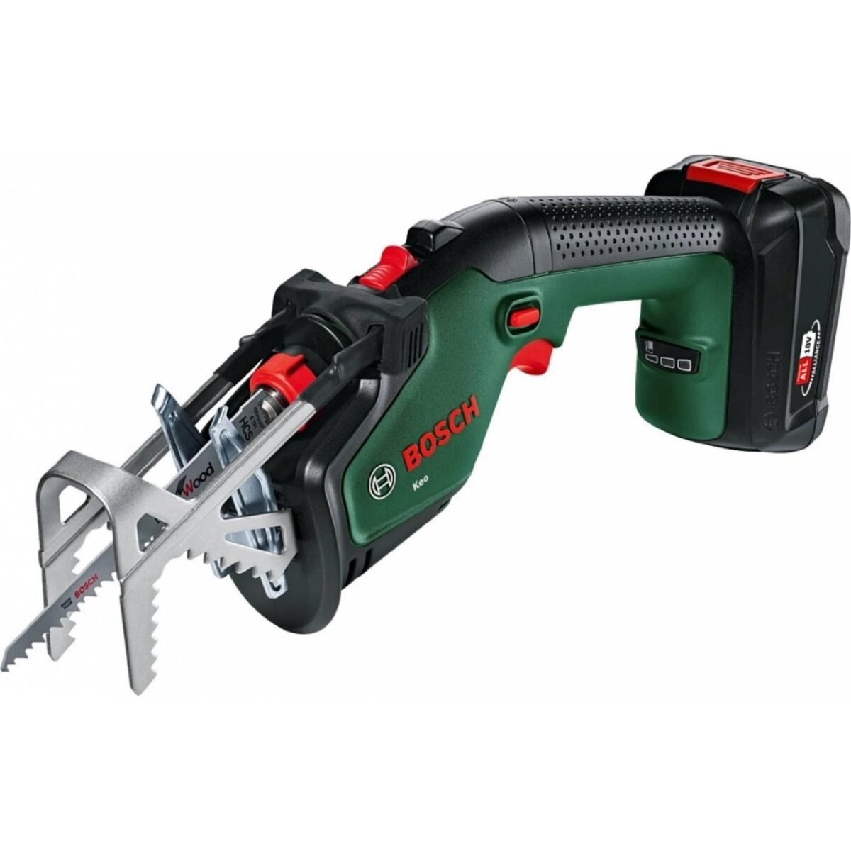 Bosch Keo cordless garden saw in a new design with replaceable 18V battery of the Power for ALL system. The saw is now compatible with all 18V batteries from the range of DIY and garden tools from Bosch. In addition, the modern Li-Ion battery increases the overall performance of the tool, which can now make up to 115 cuts in structural wood with dimensions of 50x50 mm on one charge (with a capacity of 2.0 Ah).