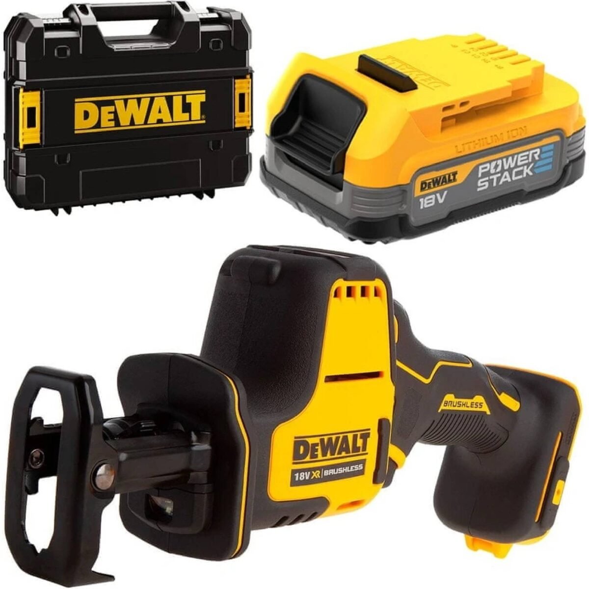 Cordless 18V DeWALT reciprocating saw with quick-release saw blade, suitable for working in hard-to-reach places. Battery with a capacity of 1.7 Ah POWERSTACK. The Tstak case. The compact reciprocating saw allows better access to hard-to-reach places.