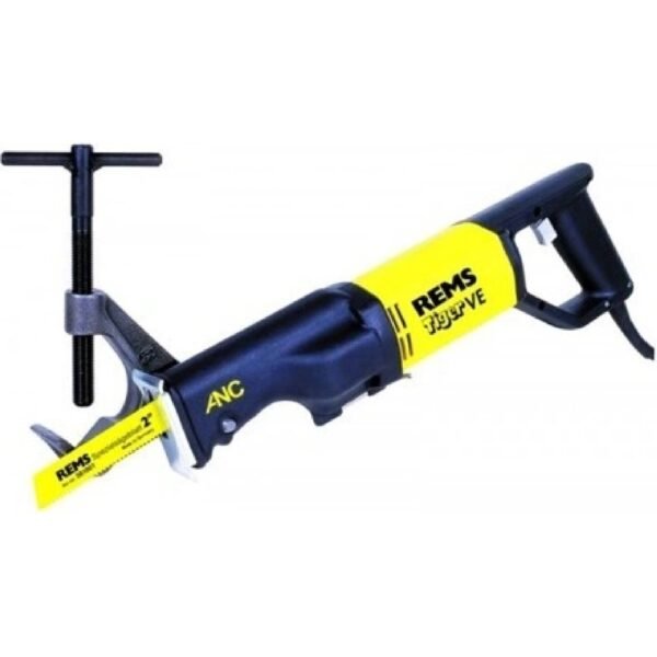 Universal reciprocating saw with power-transmitting guide holder for fast, square cutting on the spot without a vise