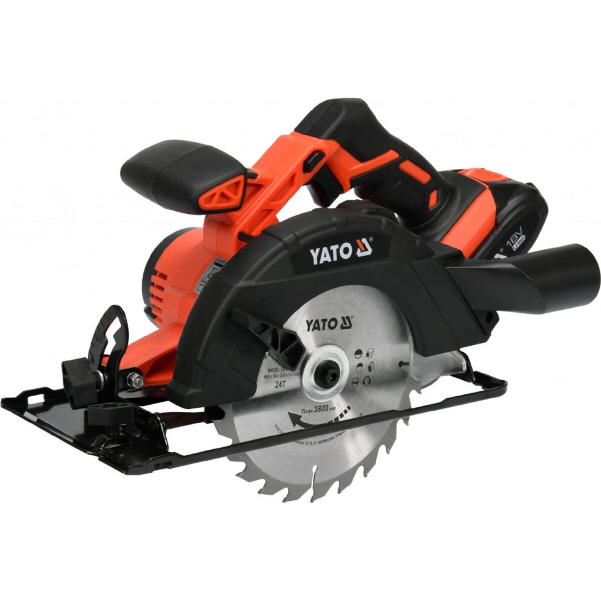 Cordless circular saw YATO with 3800 revolutions per minute. The saw is intended for cutting discs with a diameter of 165 mm.
