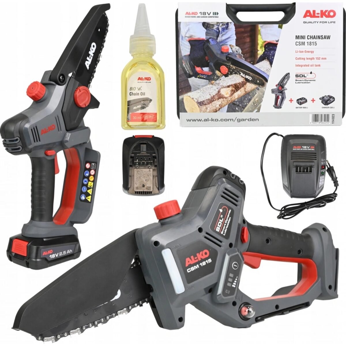 AL-KO CSM 1815 one-handed battery chainsaw The AL-KO CSM 1815 one-handed mini chainsaw will perfectly support you in cutting and maintaining the garden.