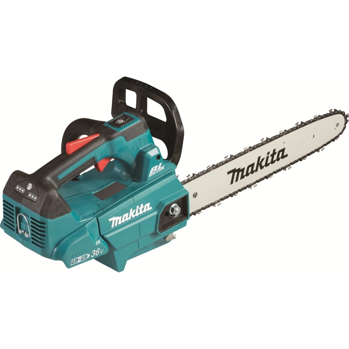 The powerful 36 V battery chainsaw MAKITA Li-ion LXT 2x18V with a bar length of 35 cm is ideal for all work around the house and garden.