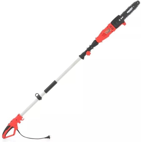 Electric pruning saw with adjustable handle length for cutting branches up to 4 m above the ground.