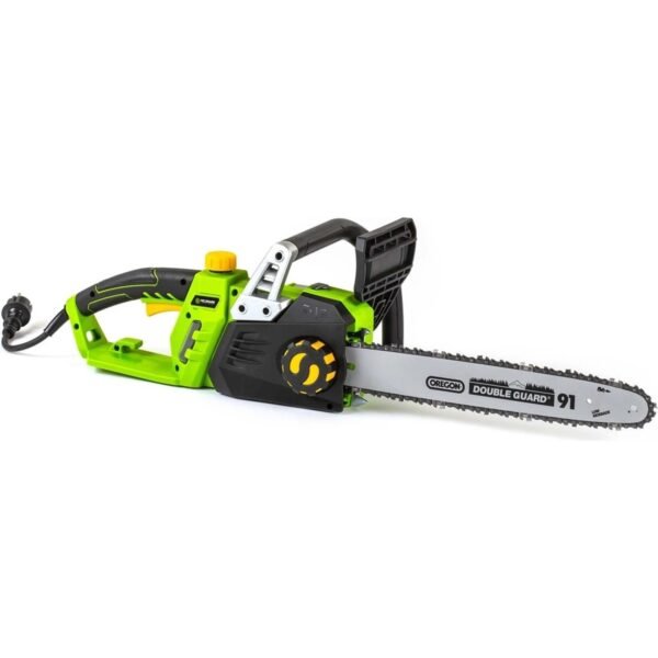 The electric chainsaw boasts a powerful motor, lightweight construction and an ergonomic handle