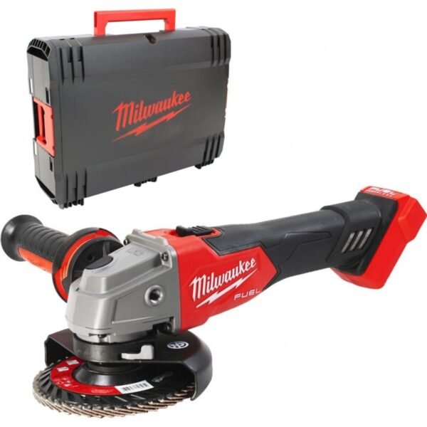 Milwaukee M18 FUEL 125 mm Slide Switch Angle Grinder M18 FSAG125X-0X Delivers the power of a 1200 W cord grinder Smaller gear head dimensions and lower slot angle