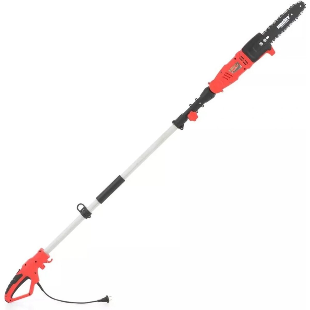 Electric pruning saw with adjustable handle length for cutting branches up to 4 m above the ground.