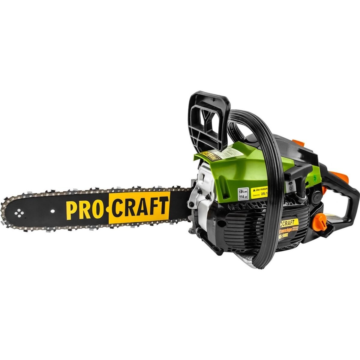Powerful gasoline chainsaw This GS-58X gasoline chainsaw is equipped with a powerful engine with a volume of 37cm3 and an input power of 1400W, which reaches speeds of up to 11800 rpm.