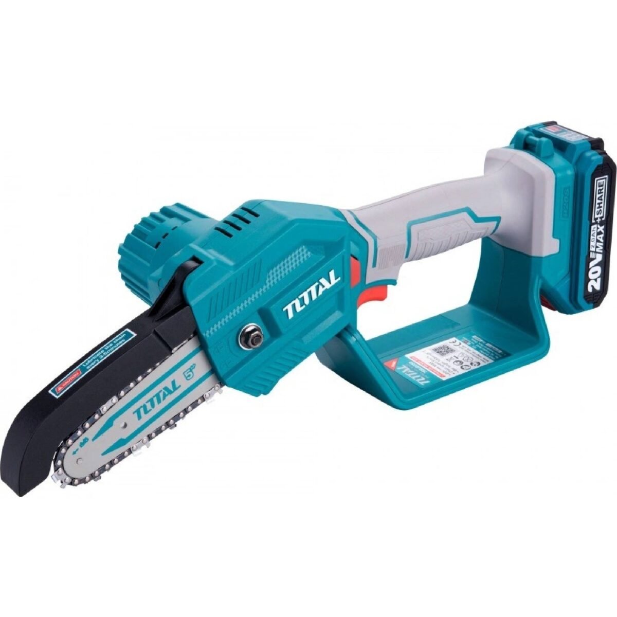 This cordless chainsaw is used for cutting wood, for debranching and felling trees whose trunk diameter is smaller than the length of the chain bar