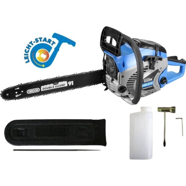 A reliable gasoline saw, intended for cutting wood in the garden and around the house. Land maintenance