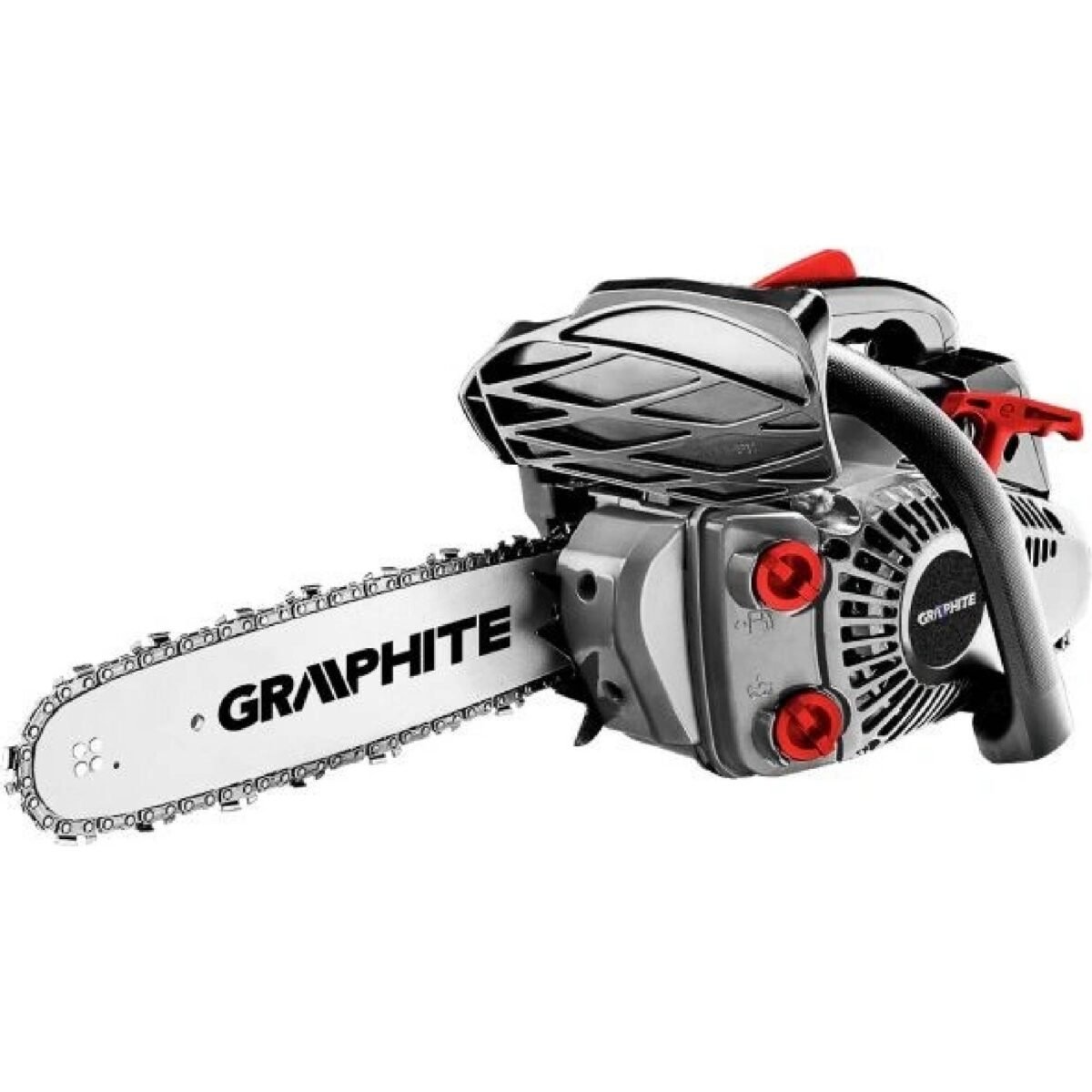 Gasoline chainsaw GRAPHITE with a 0.9kW/1.22HP engine, designed for convenient and fast cutting of wooden elements.