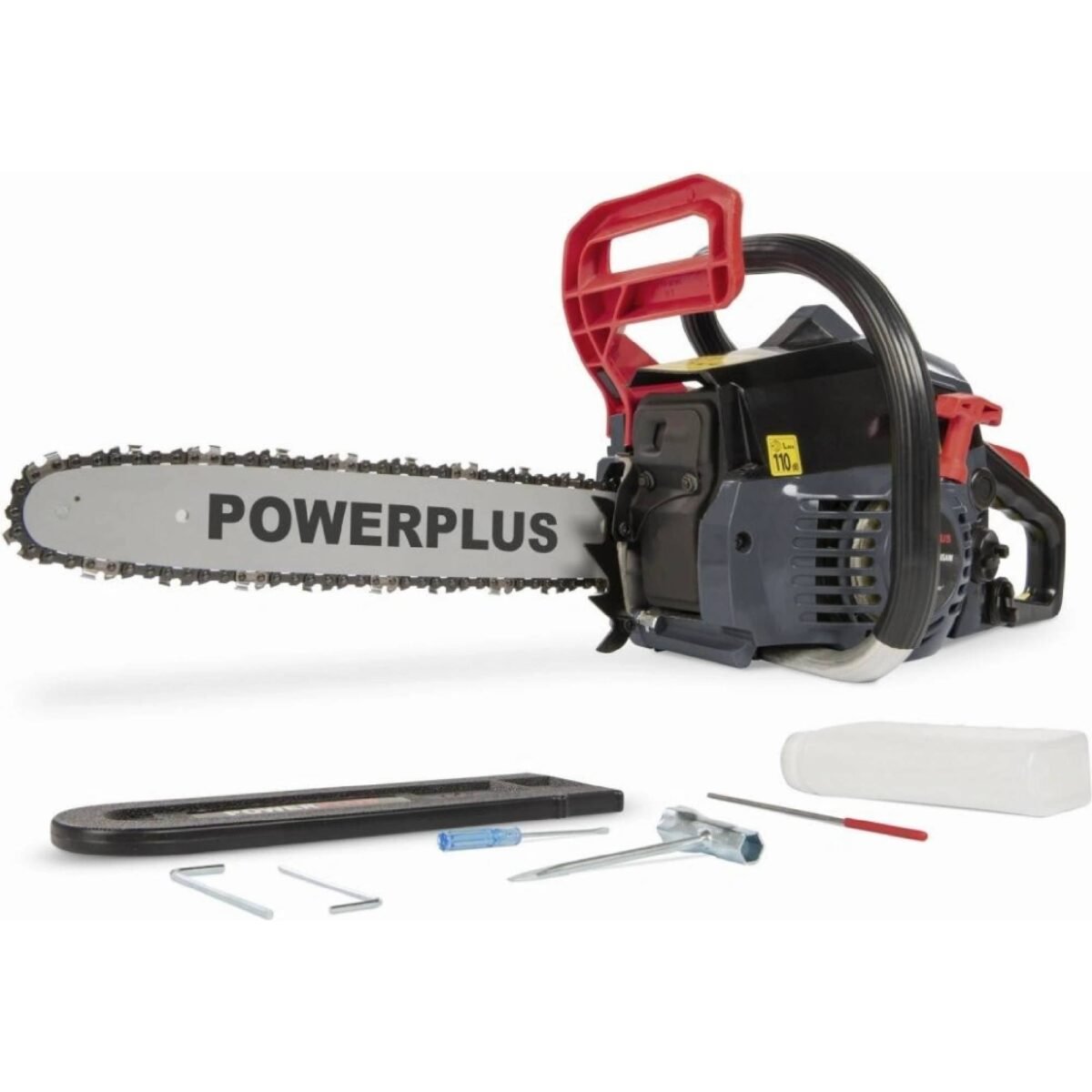 This POWEG2010 Gasoline Chainsaw from PowerPlus has a powerful 37.2cc two-stroke air-cooled engine.