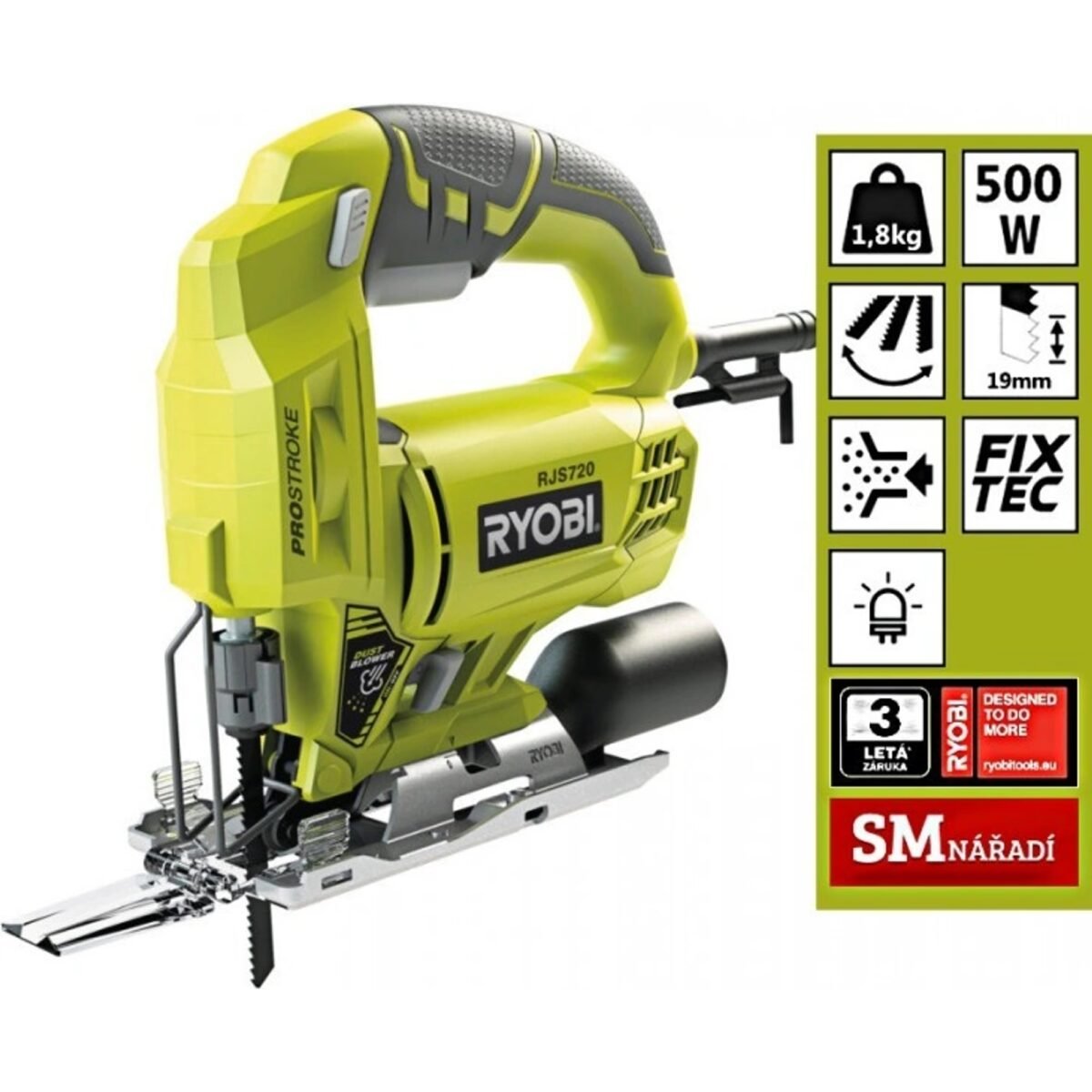 Reciprocating saw 500W RJS720G Ryobi This reciprocating saw is characterized by high compactness and ergonomics.