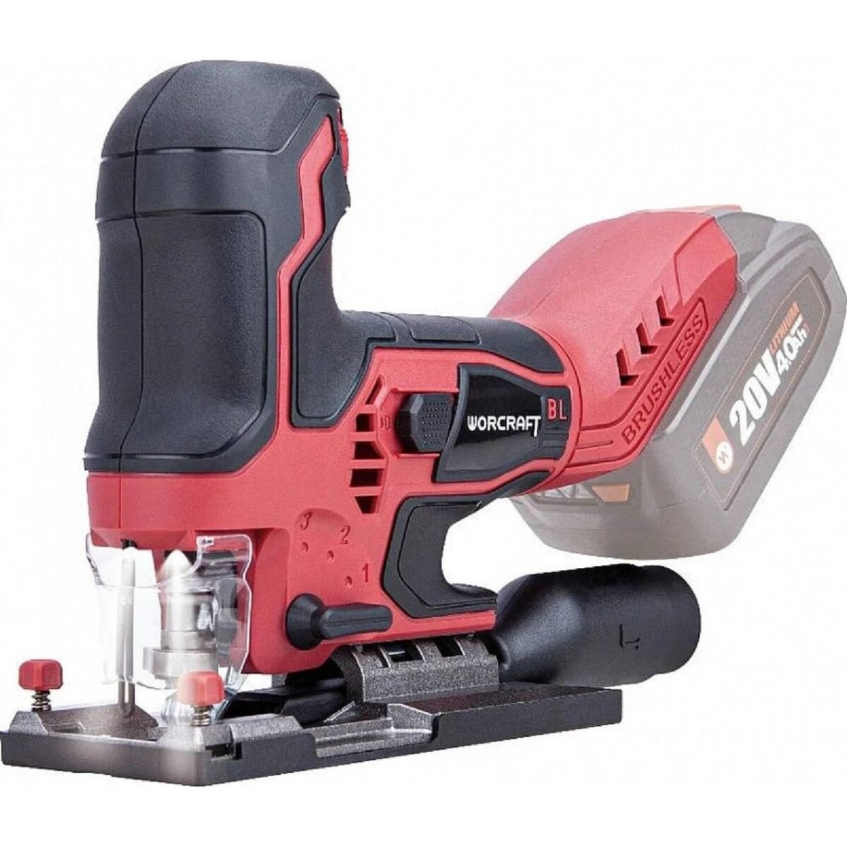 Brushless and powerful cordless reciprocating saw Worcraft designed for cutting metal, wood, plastic and other materials.