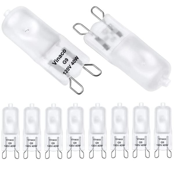 Vinaco G9 Light Bulb 40 Watt, Pack of 10 Halogen G9 230 V 40 W Long Life Light Bulb G9 Dimmable Warm White 2800 K, Pin Base Lamp G9 40 W Halogen for Chandeliers, Cabinet Lighting