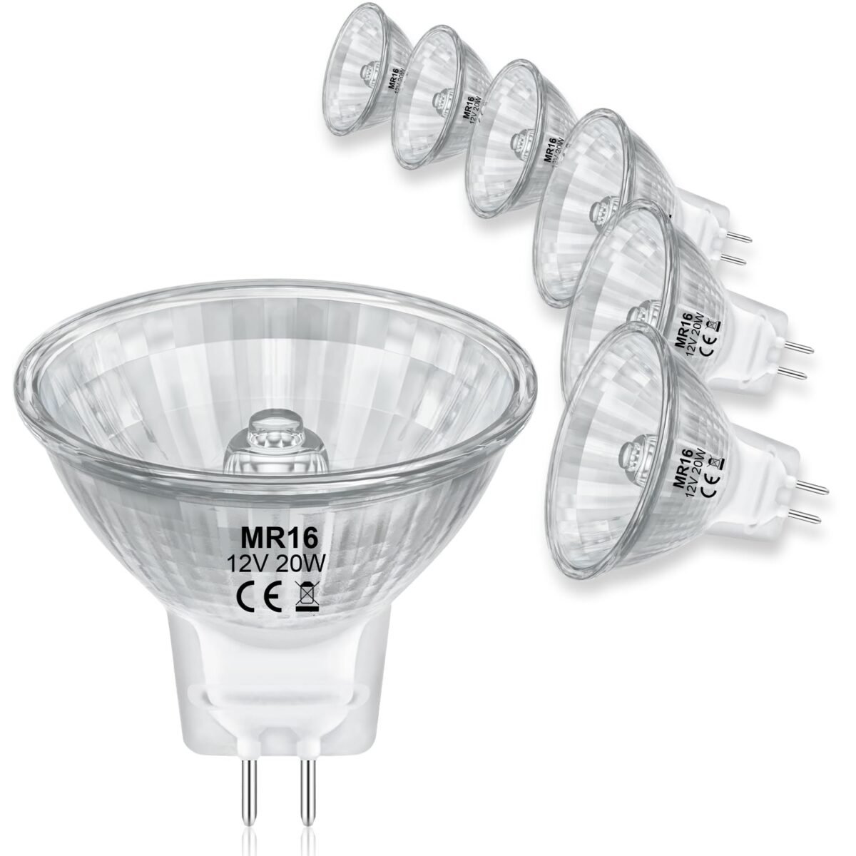 Simusi MR16 Halogen Bulbs, Halogen 12 V 20 W MR16, GU5.3 Halogen 20 W Ceiling Light Bulbs, 2 Pin Dimmable, Halogen Spot Bulbs, Halogen Reflector 2700 K Warm White, Pack of 6