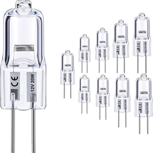 Pack of 12 G4 20 W Halogen Bulbs 12 V, Dimmable 2700 K Warm White, 280 LM, 2 Pin Halogen Pin Base Lamp, G4 Halogen Bulbs 20 Watt, for Chandeliers, Cooker Hoods, Cabinet Lighting [Energy Class G]