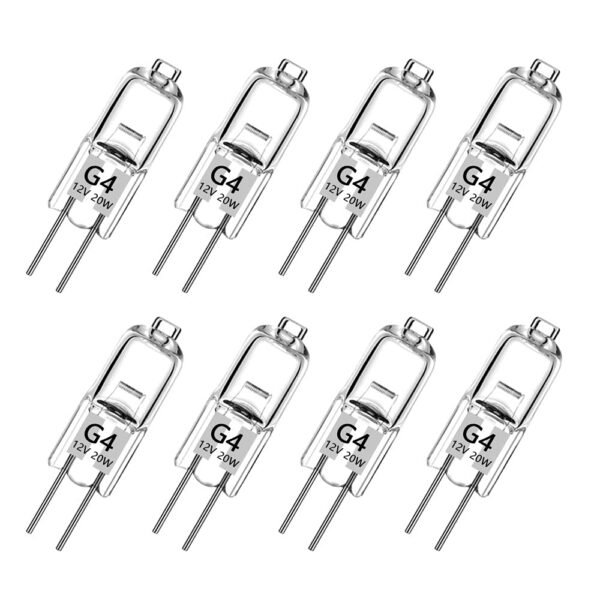 Haraqi G4 Halogen Lamps, Pack of 8, 20 Watt G4 Halogen Pin Base Lamps, Capsule Bulbs, 12 V G4 Halogen Bulbs, 300 lm, 2800 K, Warm White, Dimmable [Energy Class G]
