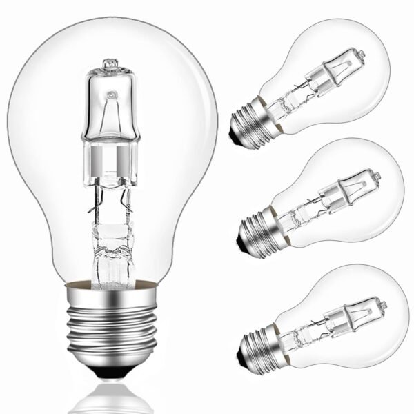Caldarax Pack of 4 E27 42 W Halogen Light Bulbs, Dimmable, A55 Classic Clear E27 Halogen Light Bulb, 42 Watt, Warm White 2700 K Globe E27 Halogen Bulb for Ceiling Lamp, Table Lamp, Floor Lamp, AC [Energy Class G]