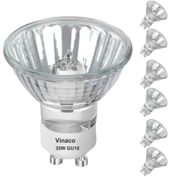 Vinaco GU10 Halogen Bulbs, Pack of 6 GU10 35 W Long Life GU10 + C 230 V 35 W Dimmable Warm White 2800 K, High Output GU10 Halogen 35 W for Rail Light, Recessed Light
