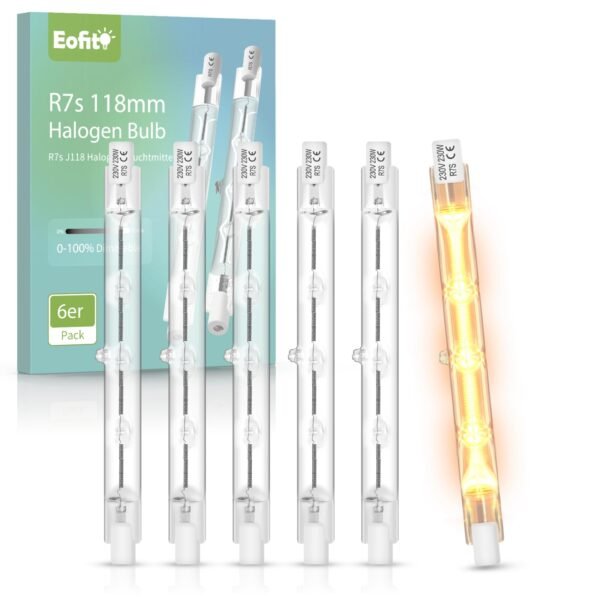 Eofiti R7S Halogen Rod 118 mm Dimmable, 230 W Halogen Light Bulb R7S 118 mm, Warm White 2700K R7s Linear Halogen Lamps, 4650LM 230V J118 Stick Lamp for Uplights, Construction Spotlights, Floor Lamps,