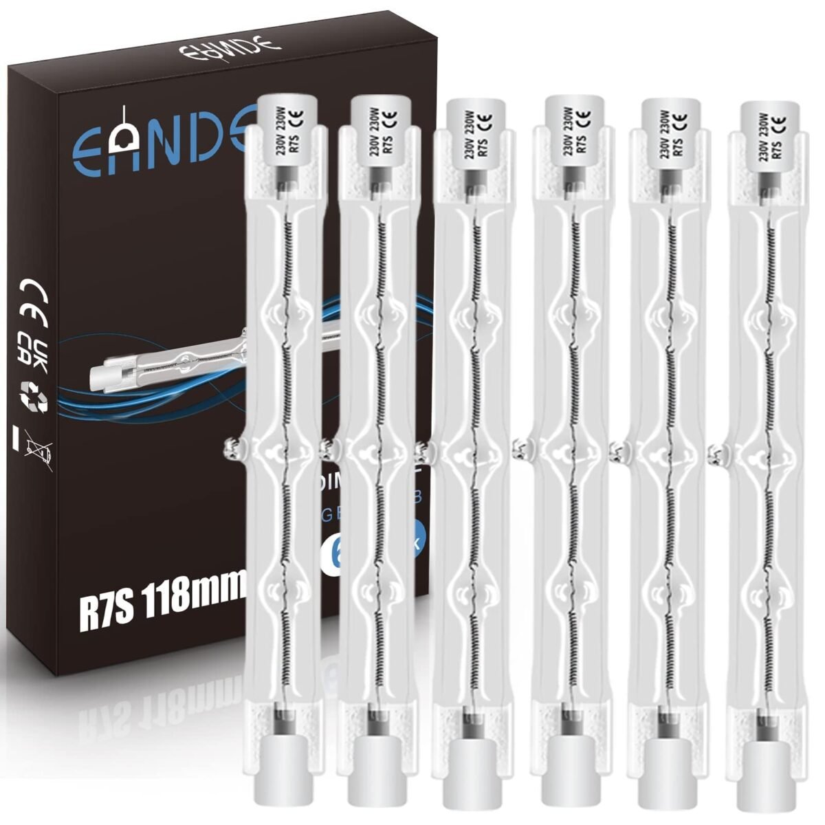 Eande R7S halogen rod, 118 mm, 230 W, dimmable, warm white, 2800 K, 4650 lm, 230 V, R7S halogen bulbs, pack of 6
