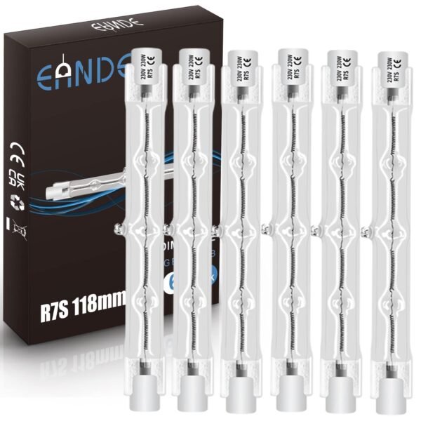 Eande R7S halogen rod, 118 mm, 230 W, dimmable, warm white, 2800 K, 4650 lm, 230 V, R7S halogen bulbs, pack of 6