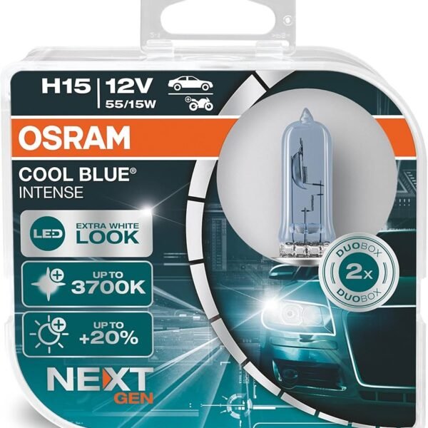 Osram Cool Blue® Intense H15 Bulb, 20% More Brightness, Up to 3,700K, Halogen Headlight Bulb, LED Look, Duo Box (2 Lamps), 64176CBN-HCB